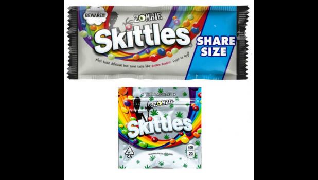 The top picture is real candy. The bottom picture is marijuana edibles. What do you see? The candy companies are suing the drug manufactures for copy right infringements. This image is taken from a google image search “marijuana candy.” Google Image