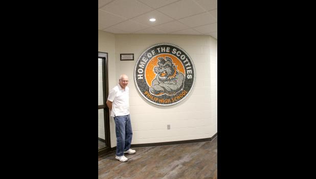 Donating the five-feet-diameter, ceramic mosaic is creator Gaylord “Guy” Paulson. It has approximately 22, 600 individual cut pieces in it. Del Bartels