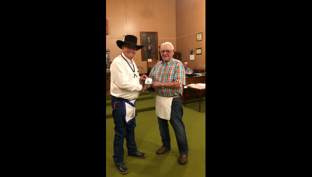 Grand Master Wade Derflinger presenting Ronald Bachman with his 50 year membership pin. Photo courtesy Bucky Derflinger