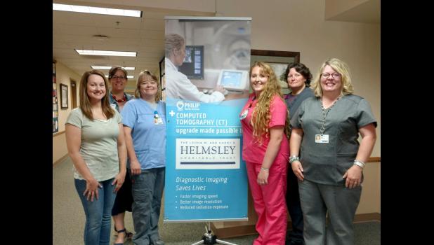 Posing to recognize the $400,000 grant received from the Leona M. and Harry B. Helmsley Charitable Trust for the new CT scanner at Philip Health Services, Inc., are, from left, Marla Guptill, development and marketing director Jennifer Henrie, radiology director, Jackalyn Spry, Rebecca Bryan, Terrie Cerny and Kayla Eymer. Not shown: Samantha Huston Del Bartels